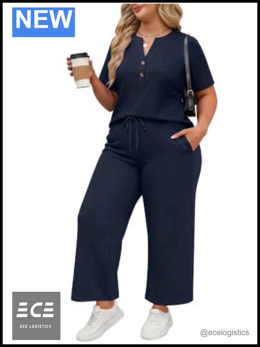 Womens Plus Size 2 Piece Lounge Set Cotton Blend V-Neck Wide Leg Pants